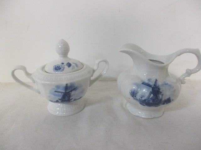 Delft Blauw Handpainted Plate, Creamer and Sugar Bowl with Windmill Motif