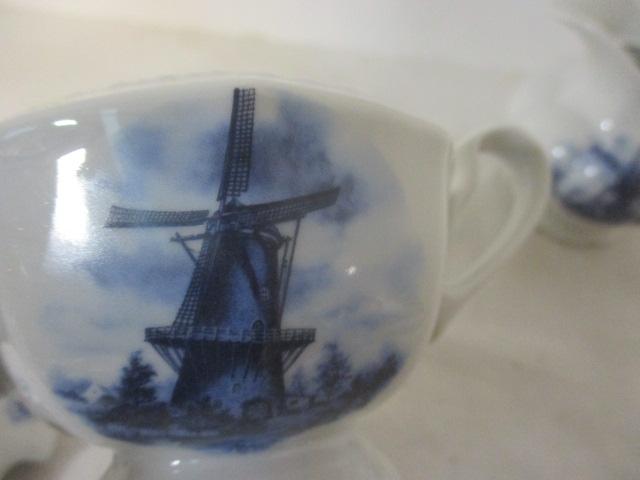 Delft Blauw Handpainted Plate, Creamer and Sugar Bowl with Windmill Motif