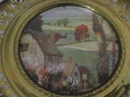 Pair of Metallic Village Landscapes in Pierced Brass Frames