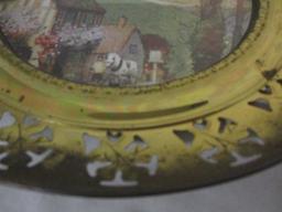 Pair of Metallic Village Landscapes in Pierced Brass Frames