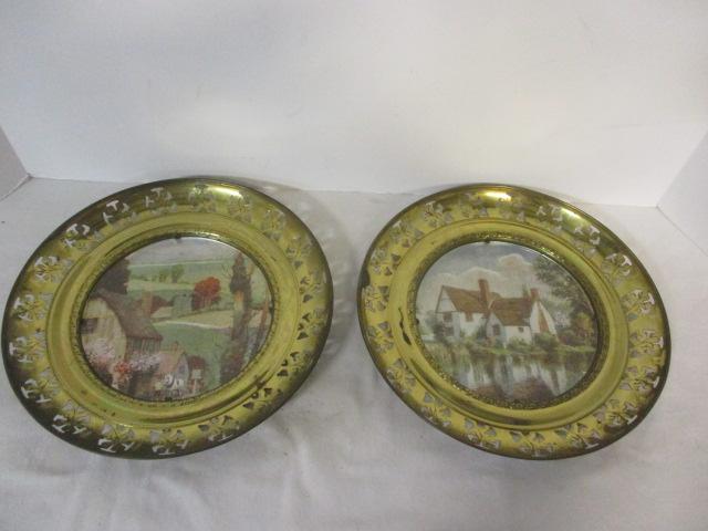 Pair of Metallic Village Landscapes in Pierced Brass Frames