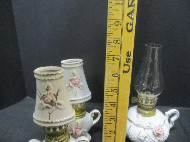 3 Oil Lamps w/Applied Flowers