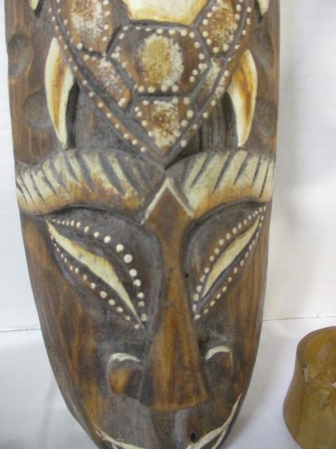 Carved Wood Mask, Carved Wood Bird on Driftwood, and Bone Carved Bird