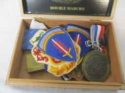 Wood Cigar Box with Medals, Pins, Patches