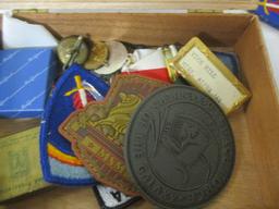 Wood Cigar Box with Medals, Pins, Patches