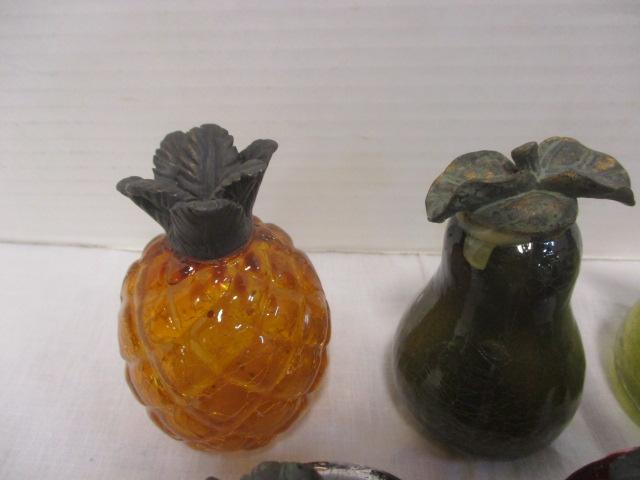 9 Crackled Art Glass Fruit Sculptures - Apples, Pears, Pineapple