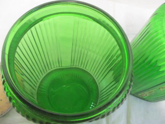 2 Vintage Green Ribbed Hoosier Glass Canister Jars with Lids