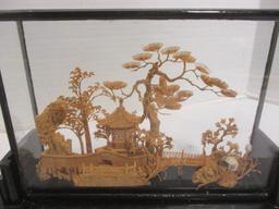 2 Vintage Chinese Cork Carving Diorama Shadow Boxes