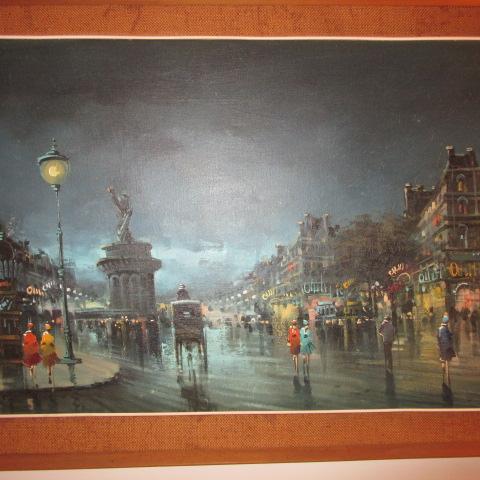 Midcentury Parisian Nightscape Painting on Canvas