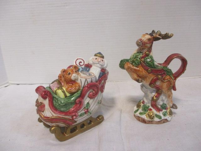 Fitz & Floyd Condiment Sleigh 1993 & Reindeer Pitcher 1993