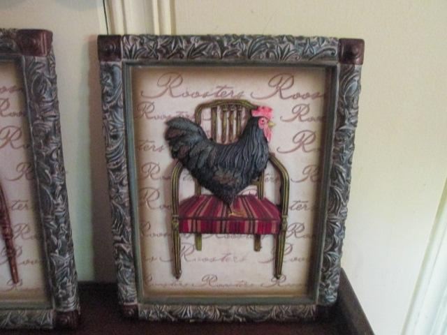 Chickens Standing in Chairs Artwork and Plates