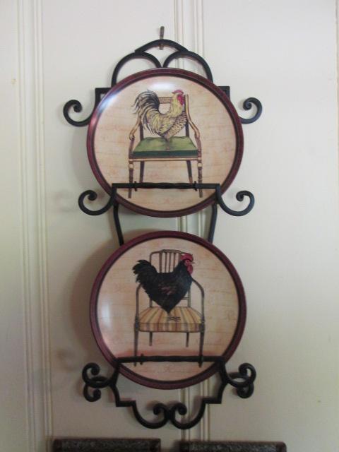 Chickens Standing in Chairs Artwork and Plates