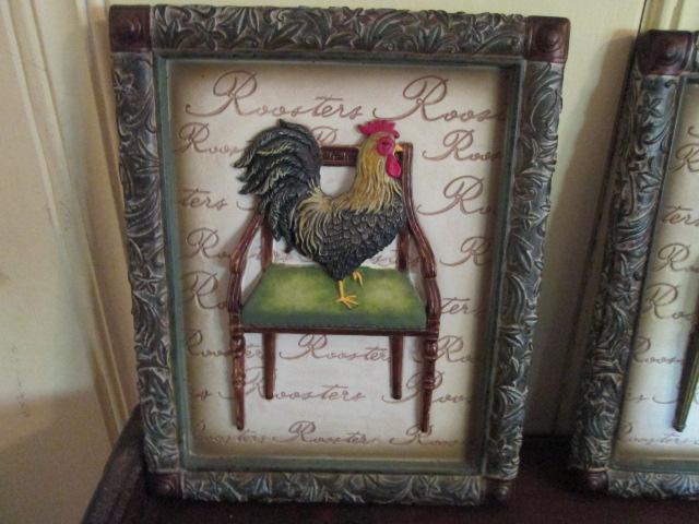 Chickens Standing in Chairs Artwork and Plates