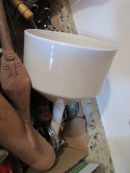 Vintage Kitchen Utensils-Porcelain Strainer Funnel, Hand Mixers, Choppers, Tenderizer, etc.