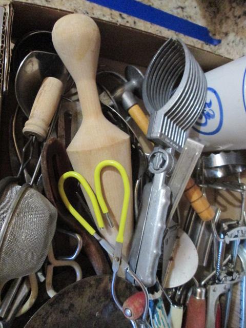 Vintage Kitchen Utensils-Porcelain Strainer Funnel, Hand Mixers, Choppers, Tenderizer, etc.