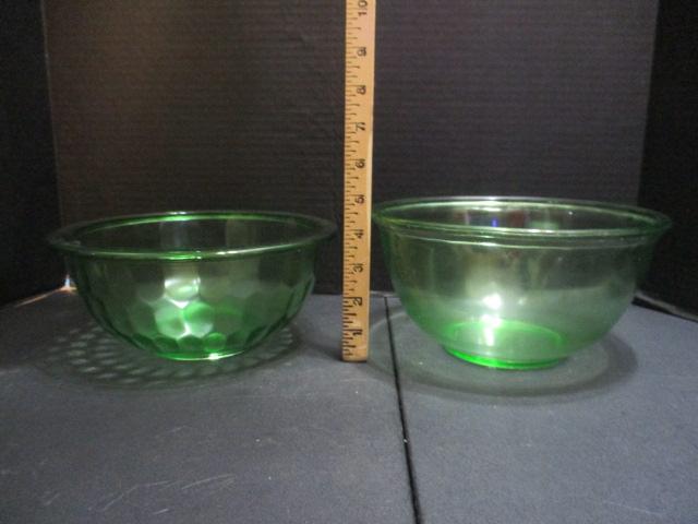 Two Vintage Green Uranium Glass Mixing Bowls