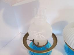 Two Blue Oil Glass Font Oil Lamps with White Milk Glass Shades