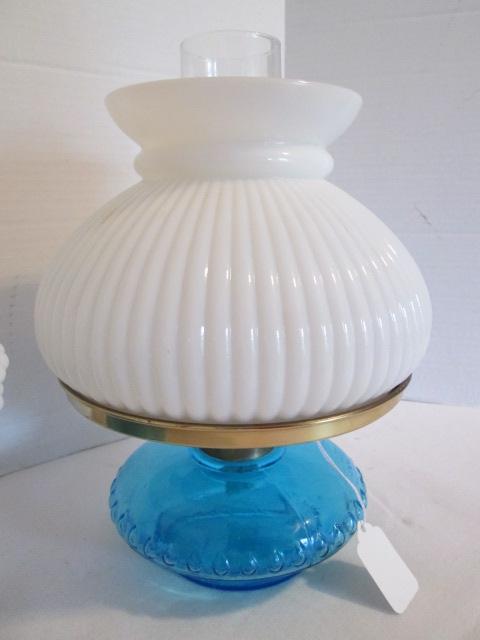 Two Blue Oil Glass Font Oil Lamps with White Milk Glass Shades