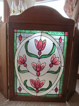 Pine Fireplace Screen with Stained Glass Style Panel