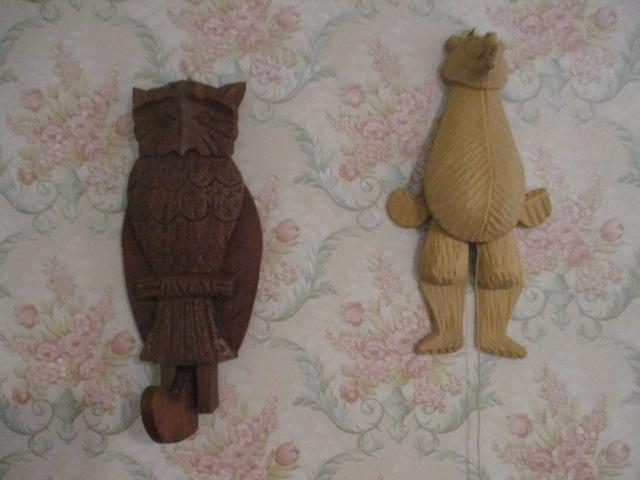 Two Vintage Hand Carved Jumping Jack Owl Coat Hook and Bear Puppet