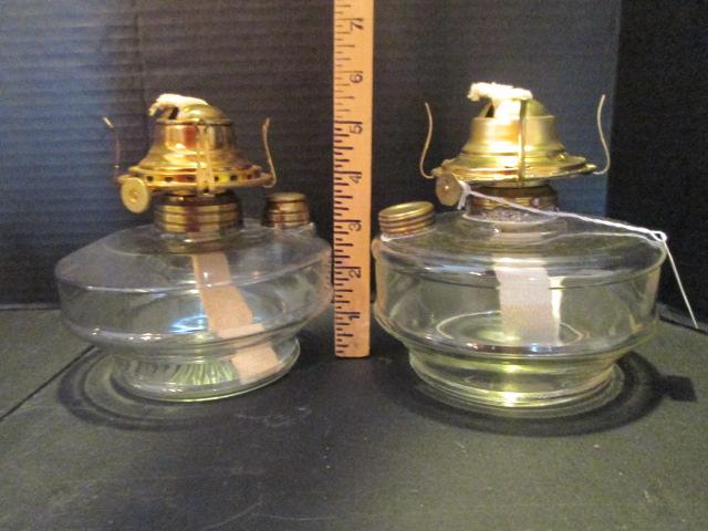 Two Clear Glass Oil Font Lamps and One Finger Oil Lamp