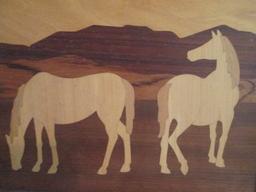 Hand Crafted Framed Wooden Horse Marquetry Wall Art