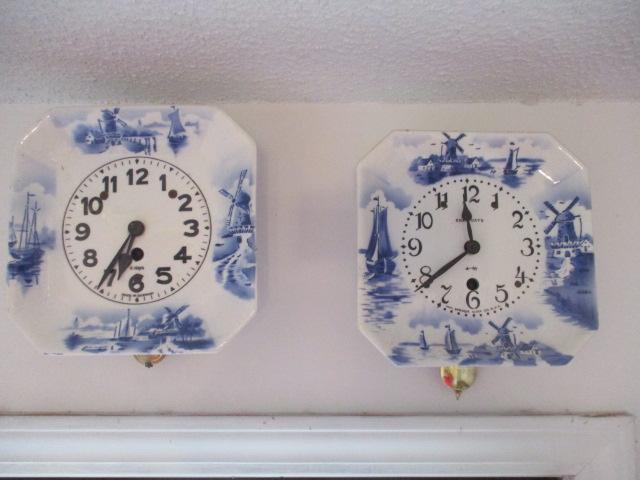 Two Blue and White German 8 Day Kitchen Clocks