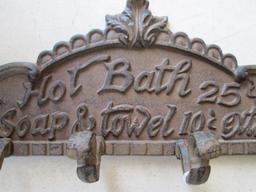 Cast Metal "Hot Bath 25 Cents Soap & Towel 10 Cents Extra" Coat Hook