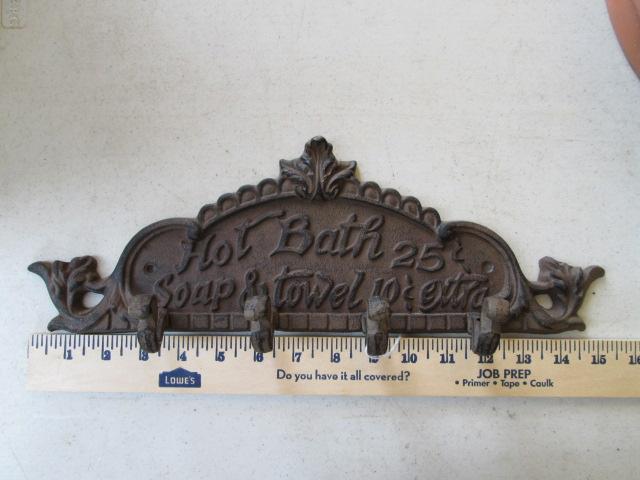 Cast Metal "Hot Bath 25 Cents Soap & Towel 10 Cents Extra" Coat Hook