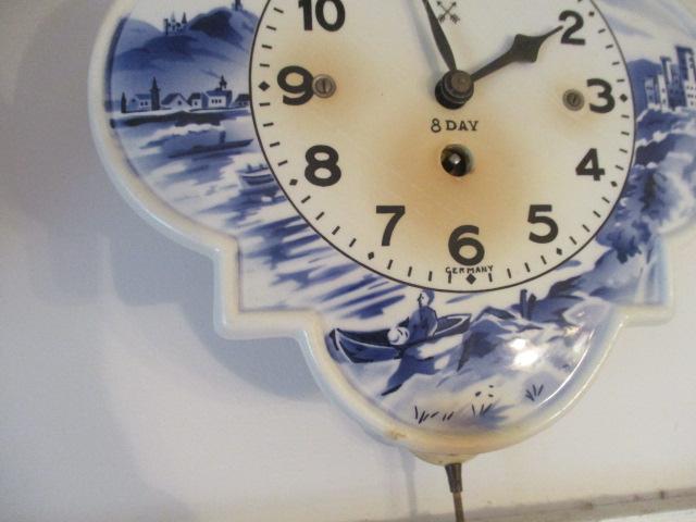 Two Clover Shaped Blue and White German 8 Day Kitchen Clocks