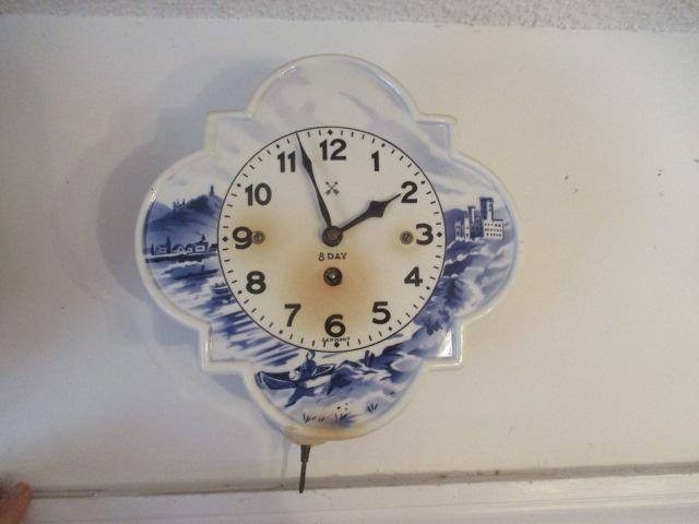 Two Clover Shaped Blue and White German 8 Day Kitchen Clocks