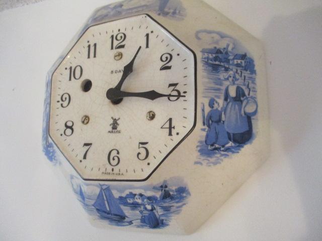 Miller and Newark Clock Co. Blue and White 8 Day Kitchen Clocks