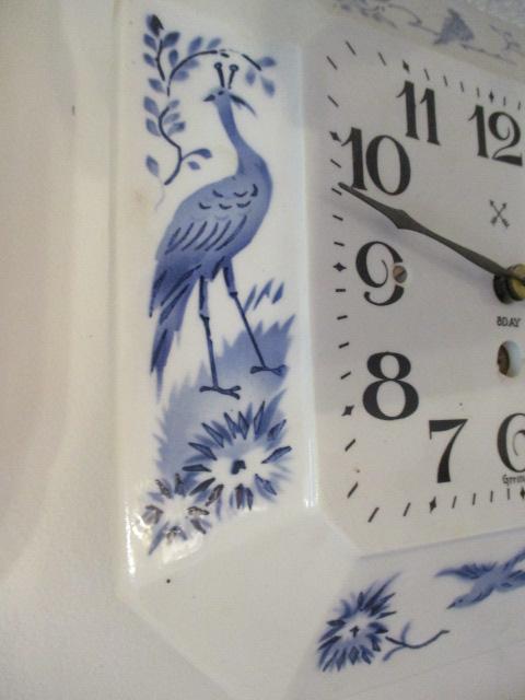 Two Blue and White German 8 Day Kitchen Clocks