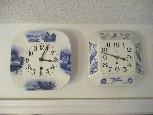 Two Blue and White German 8 Day Kitchen Clocks