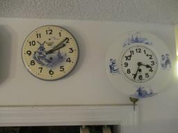 Two Round Blue and White German 8 Day Kitchen Clocks