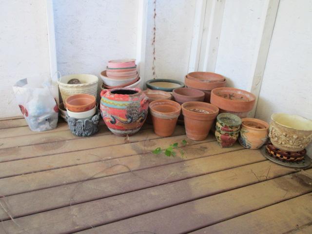 Large Grouping of Terra Cotta Pots, Light Weight Pots, Pot Saucers, Dollies and Pebbles