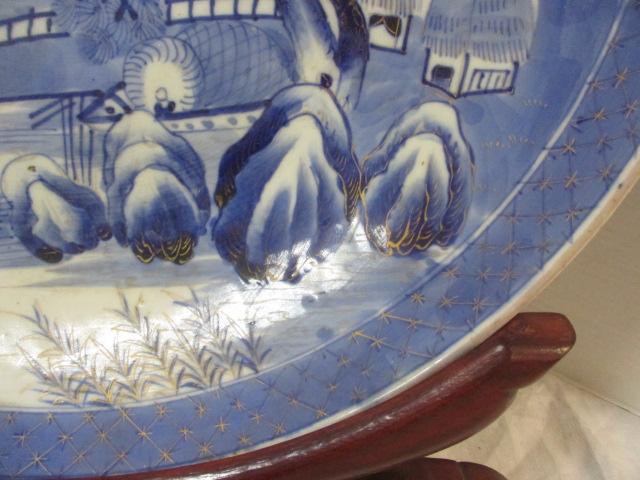 Japanese Blue & White Large Plate on Wood Stand