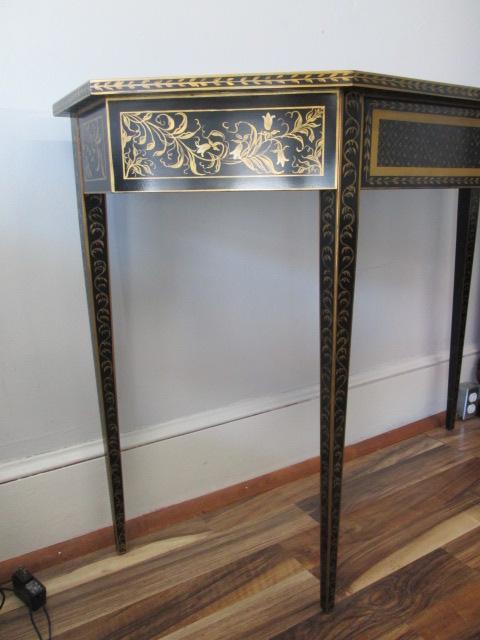 Wellington Hall Black Lacquer Console Table with Handpainted Gold Designs