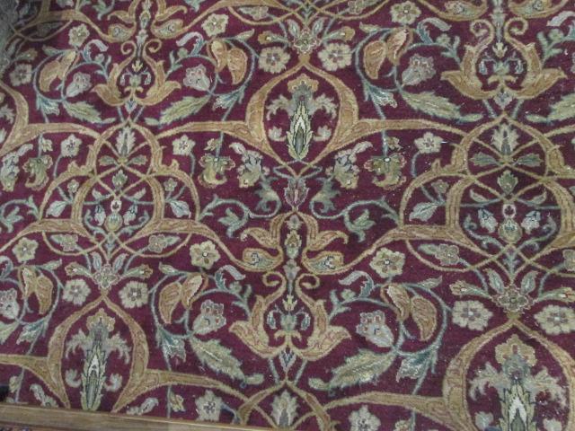 Burgundy/Sage Green All Over Center Floral Design Wool Area Rug