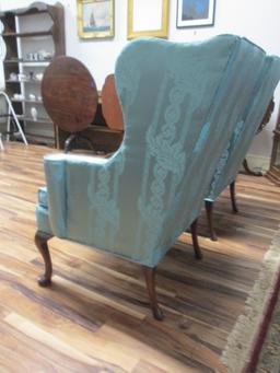 Pair of Hickory Chair Co. Custom Satin Upholstered Wing Back Chairs