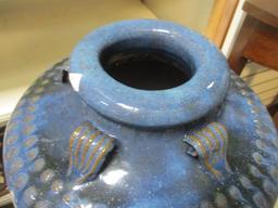 Large Blue/Green Drip Glazed Garden Urn in Metal Stand