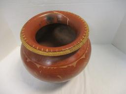 Terra Cotta Vase with Carved Designs and Woven Edge Accent