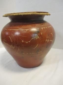 Terra Cotta Vase with Carved Designs and Woven Edge Accent