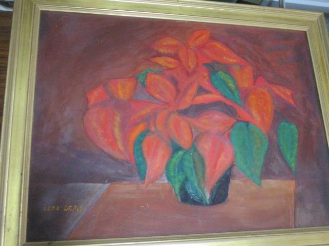 Leon Depux Original Poinsettia Painting on Canvas