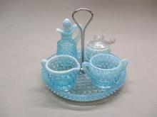 Vintage Blue Opalescent Blue Hobnail Condiment Set