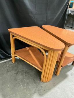 Pair of Mid Century Rattan 2-Tiered End Tables in Triangular Shape - See pics