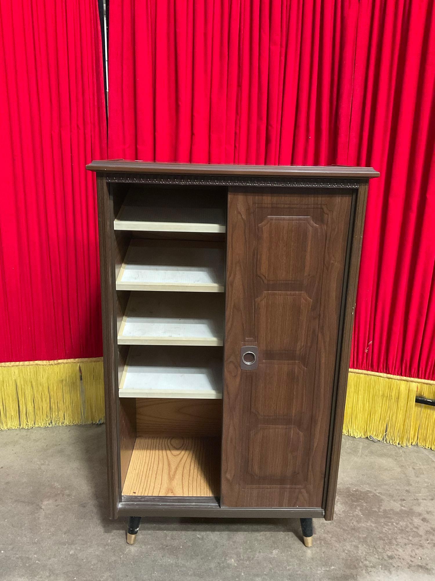 Vintage Mid-Century Modern Wooden Cupboard w/ Embossed Sliding Doors & 4 Shelves. See pics.