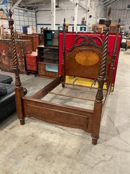 Contemporary Intricately Carved Cherry Queen Four Poster Bed Frame w/ Beautiful Inlay. See pics.