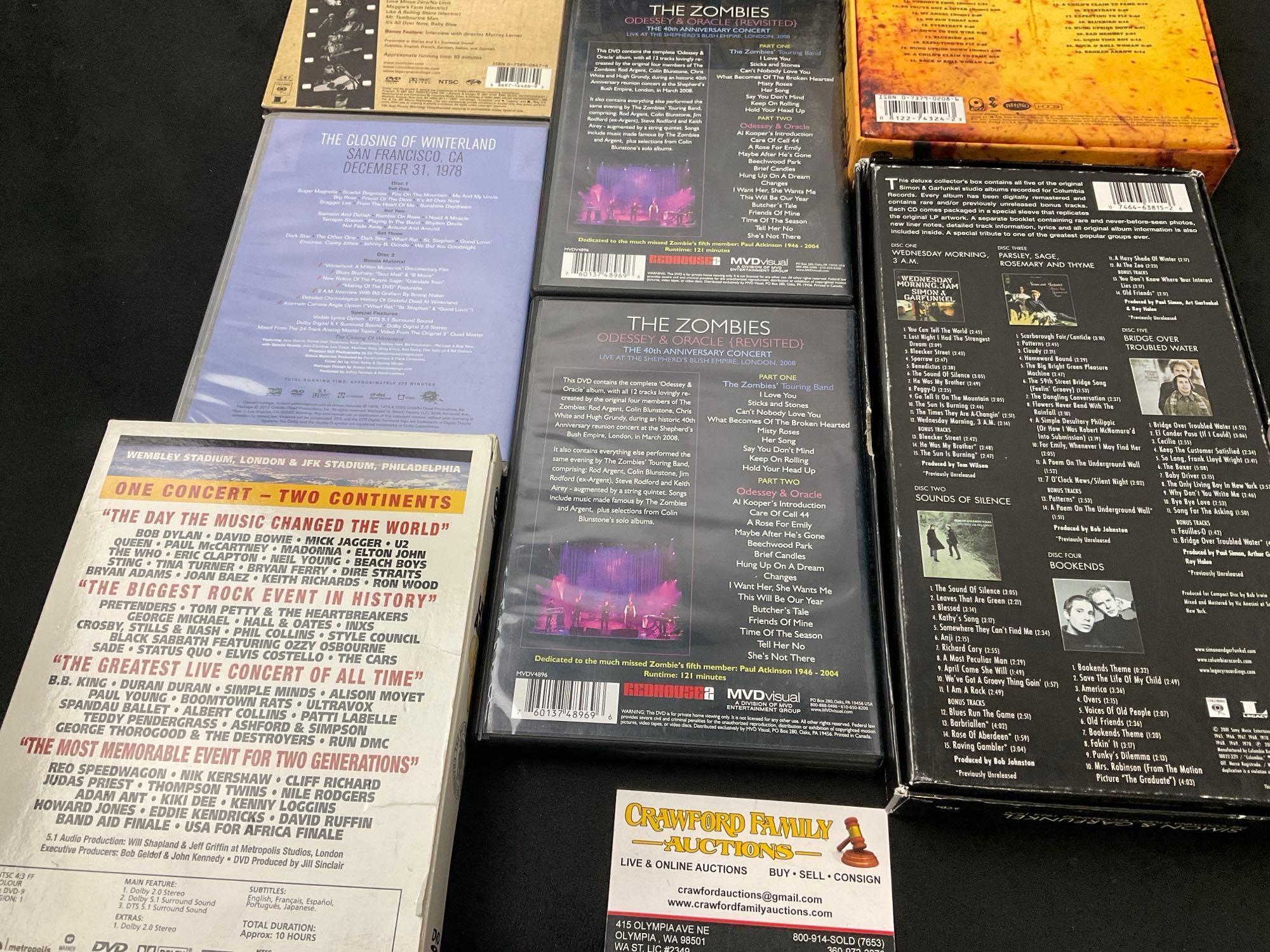 Assortment of Music CDs & DVDs, Sets for Buffalo Springfield, Live Aid, Bob Dylan, Simon & Garfun...