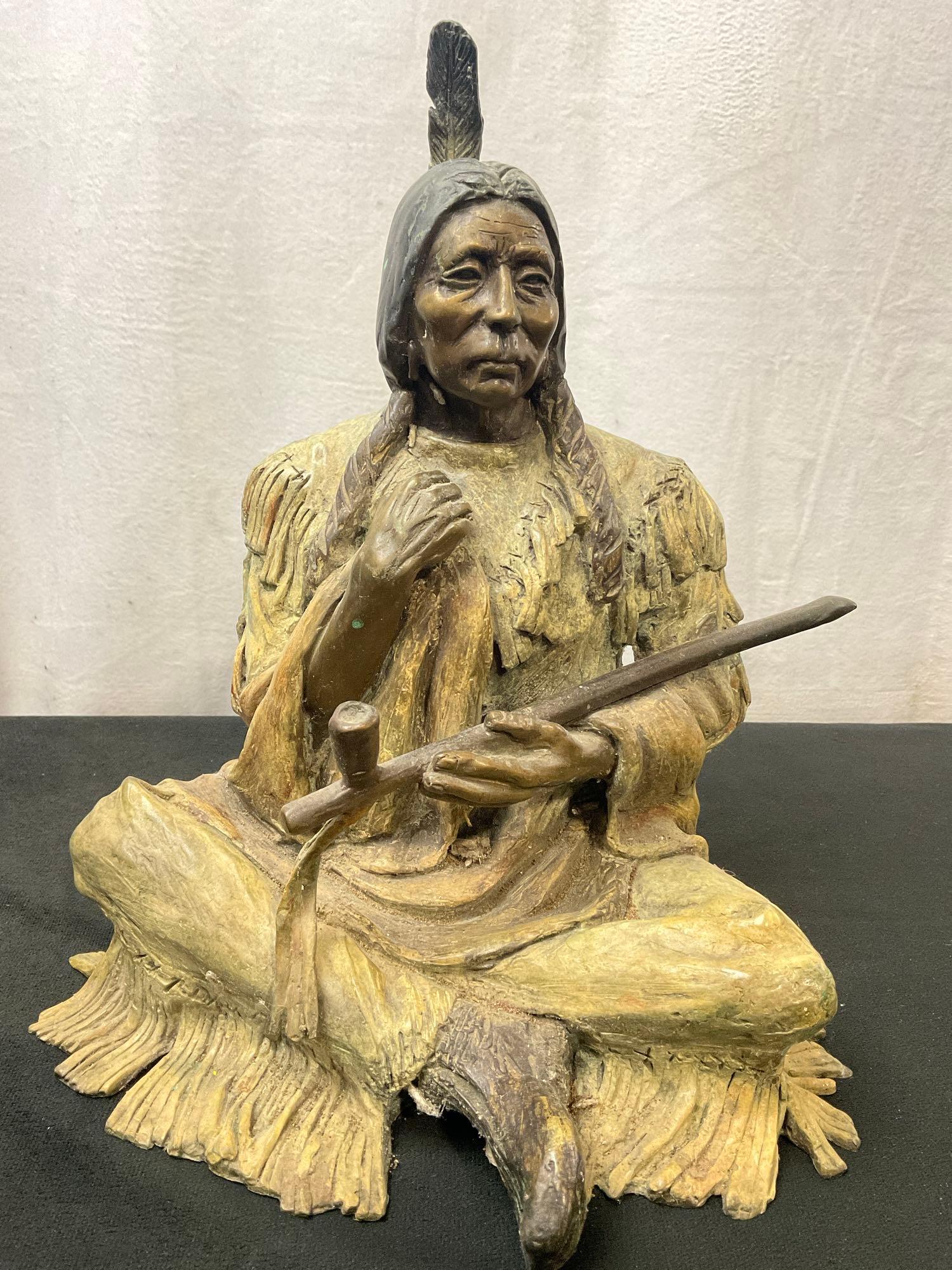Old Warrior bronze statue signed by Marie Barbera, approx 12 inch tall
